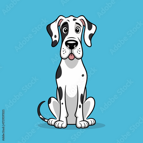 A friendly cartoon-style Great Dane is portrayed sitting with a lovable expression, exuding warmth and companionship, perfect for pet-related themes.