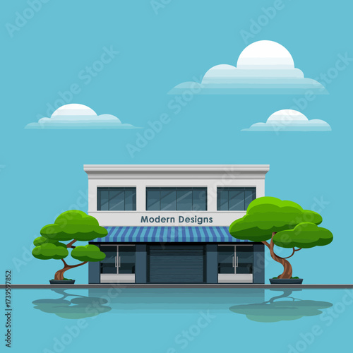 A visually appealing storefront illustration titled 'Modern Designs' with sleek architecture and vibrant simplicity, showcasing contemporary retail aesthetics and inviting atmosphere.