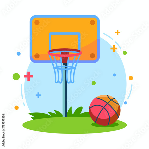 This playful illustration of a basketball court and ball captures the spirit of sport and recreation, inviting players and fans to engage in the action and excitement of the game.
