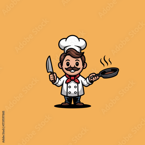 A cheerful cartoon chef holding a knife and a frying pan represents culinary skills and passion for cooking in a playful and appealing artistic style.
