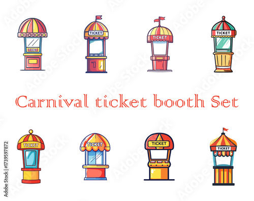 Set of eight colorful cartoon carnival ticket booths, , perfect for amusement park or fair illustrations