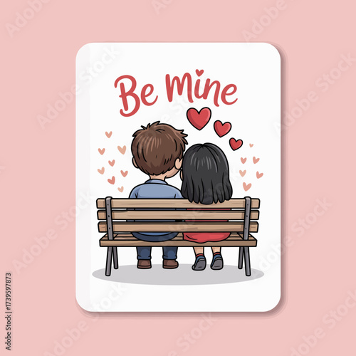 A sweet illustration showing a couple sitting closely on a bench, surrounded by hearts, embodying love, affection, and companionship, perfect for Valentine’s Day themes.