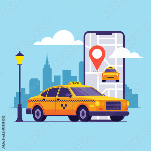 An illustration of a yellow taxi cab in an urban environment, displaying a mobile GPS application, emphasizing modern transportation and city life dynamics.
