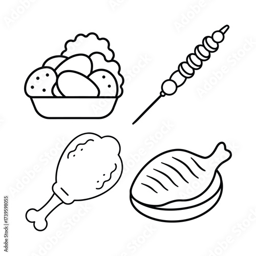 Set of Simple line art icons of delicious food chicken skewers fries and grilled meal