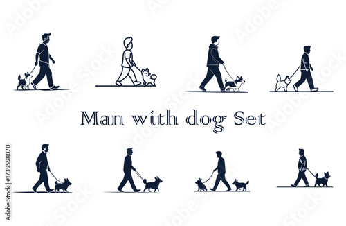Man with dog set, illustrating eight different poses of a man walking his dog, symbolizing companionship and pet ownership