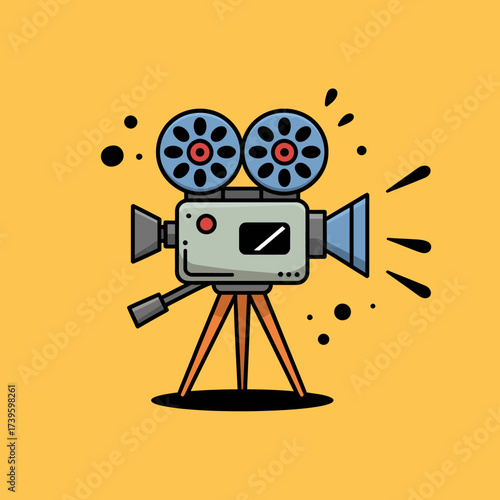 This image features a vintage film camera illustrated in a playful style on a vibrant yellow background, perfect for media-related projects or nostalgia themes.