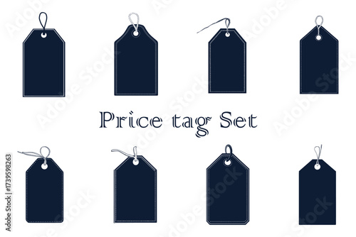 Collection of dark blue price tags with string, , featuring various designs for retail and labeling purposes