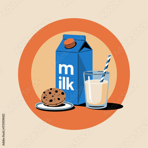 A charming digital illustration displaying a carton of milk, a glass of milk, and a cookie, invoking nostalgia and warmth, ideal for food and beverage graphics.