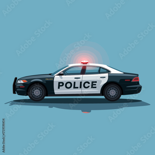 This image features a classic police car illustration, showcasing its design, colored in black and white with a flashing red light on top, perfect for law enforcement themes.