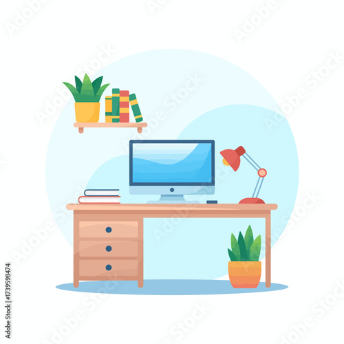 A stylish and uplifting illustration of a workspace with plants and a computer, promoting productivity and a pleasant working environment, perfect for home office decor.