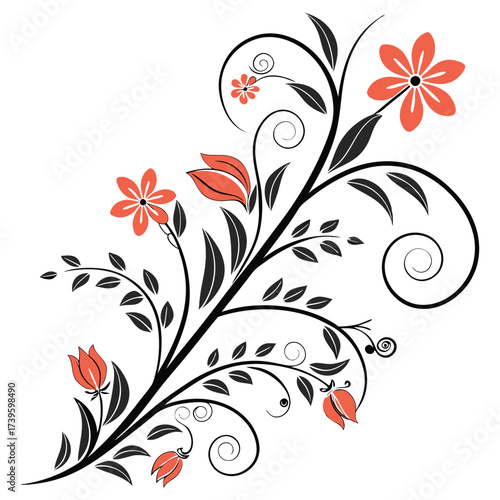Elegant orange flower branch with swirling leaves and buds