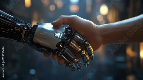Human hand shaking with AI hand in a futuristic high-tech setting, symbolizing partnership.
