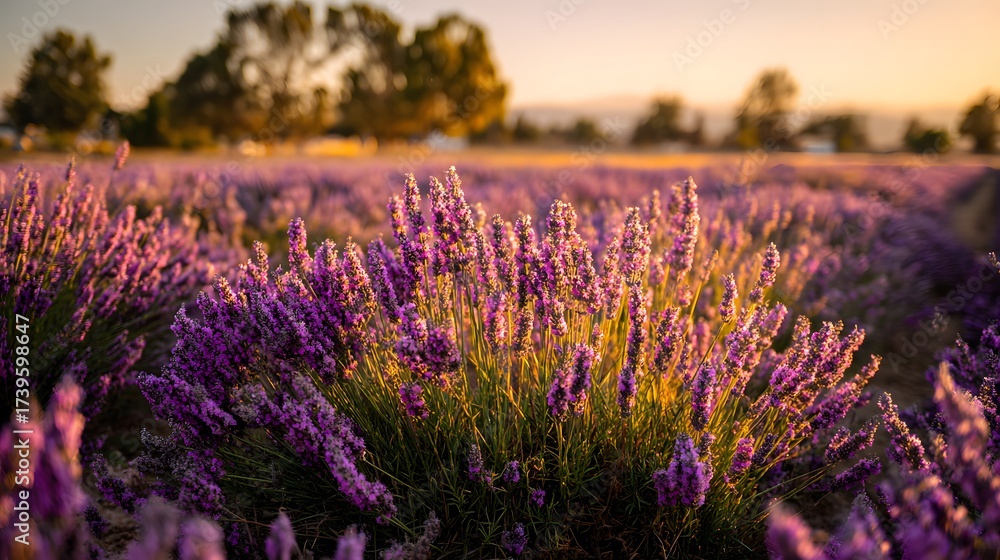 Obraz premium Captivating view showcases a vibrant lavender field bathed in warm sunlight, the blossoms creating a sea of purple, with a soft focus background of trees and rolling hills during the golden hour.