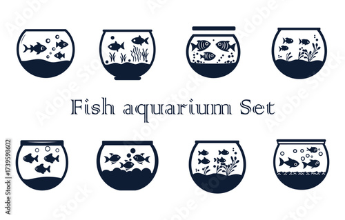 Fish aquarium set with various fish tanks and aquatic life