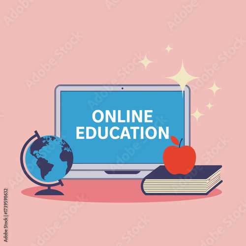 An engaging graphic displaying a computer, globe, book, and apple symbolizing online education, appealing to learners in the digital age seeking knowledge.
