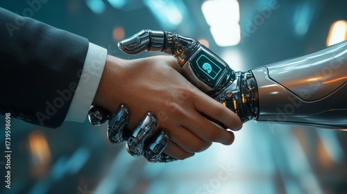 Human hand shaking with AI hand in a futuristic high-tech setting, symbolizing partnership.