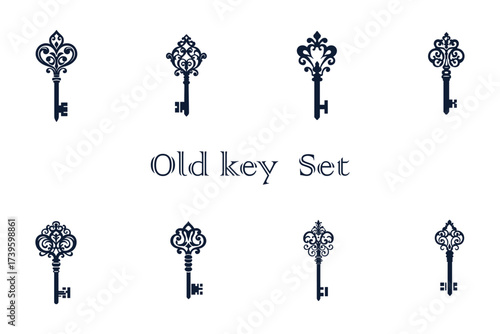 Collection of eight ornate vintage keys with intricate designs, , symbolizing secrets and access