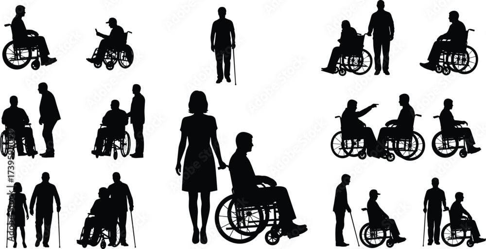 Fototapeta premium Inclusive mobility silhouette illustration, people with wheelchairs and canes, supportive interactions, accessibility concept, black and white vector art for awareness