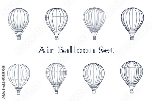 Collection of eight hot air balloon line art illustrations