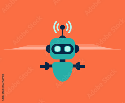 A playful, friendly robot icon against a vibrant orange background designed to evoke feelings of friendliness and technology while representing innovation and creativity.