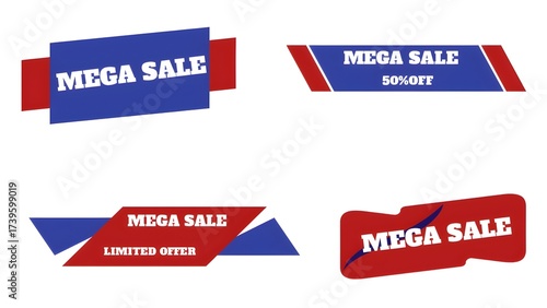 Four mega sale banner designs in red and blue with different promotional offers on a white background