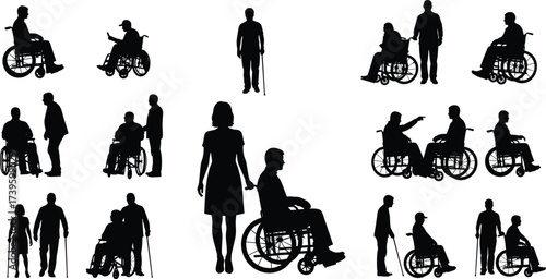 Inclusive mobility silhouette illustration, people with wheelchairs and canes, supportive interactions, accessibility concept, black and white vector art for awareness