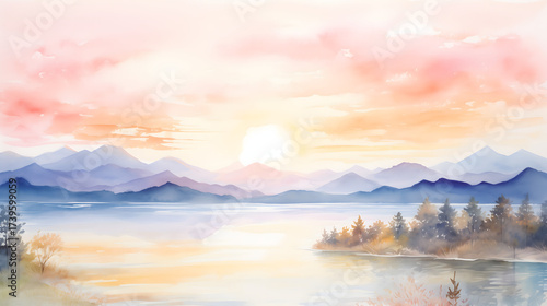Vibrant watercolor mountains and colorful plants beautifully reflect in a tranquil lake at sunset.