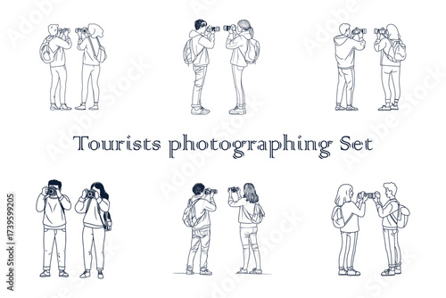 Collection of tourist characters with cameras, capturing moments and sightseeing