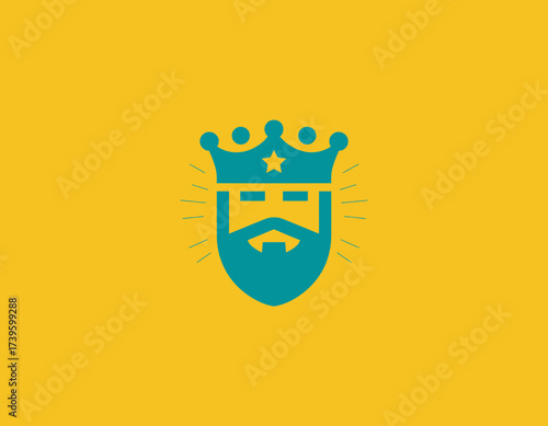 A modern logo illustrating a crowned bearded man, using a fun color palette of teal and yellow, perfect for branding a unique identity.