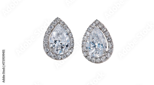 Two teardrop-shaped, brilliant-cut gemstone earrings, surrounded by a halo of smaller stones