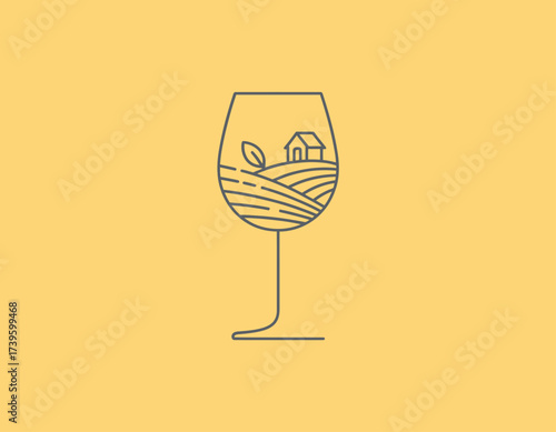 A beautifully illustrated wine glass with a scenic landscape design inside, showcasing vineyards and a house, perfect for wine lovers and anyone in the beverage industry.