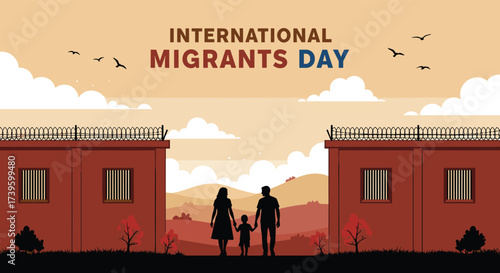International Migrants Day illustration, family silhouette walking through barbed gates, symbolic contrast of confinement and freedom, scenic nature, social awareness vector art