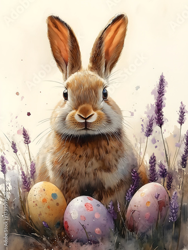 Adorable bunny celebrates Easter among painted eggs and lavender flowers in a springtime watercolor scene.