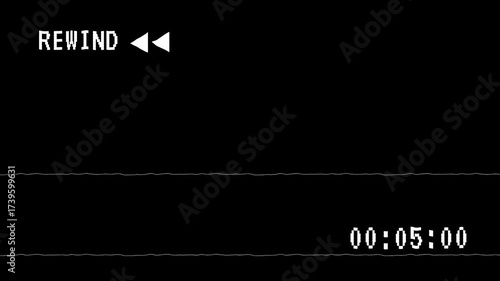 Analog VHS tape static with rewind sign,on black background,4k video animation.