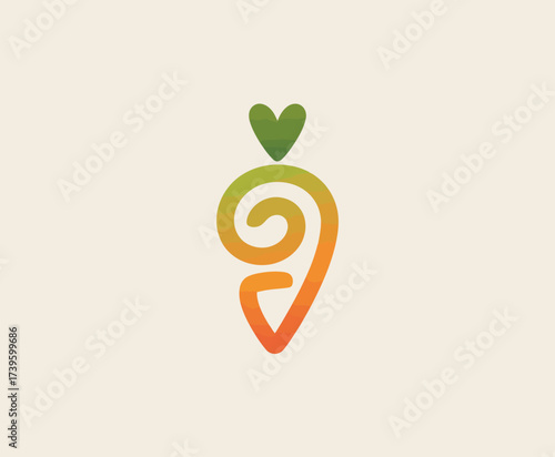An artistic and playful carrot icon design incorporating a heart that symbolizes healthy living, love for nature, and a fresh approach to food and lifestyle branding.