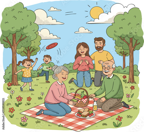 Family enjoys a picnic in the park with checkered blanket, surrounded by trees and flowers on a bright sunny day, creating a joyful and wholesome scene.
