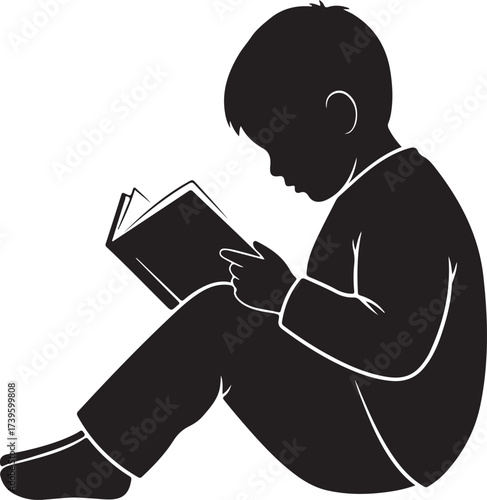 Child reading book isolated on white background