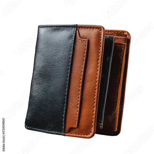 A three-tone leather wallet, black and brown hues, showing interior compartments, set against black