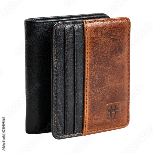 Two-toned leather bi-fold wallet, black and brown, with card slots visible