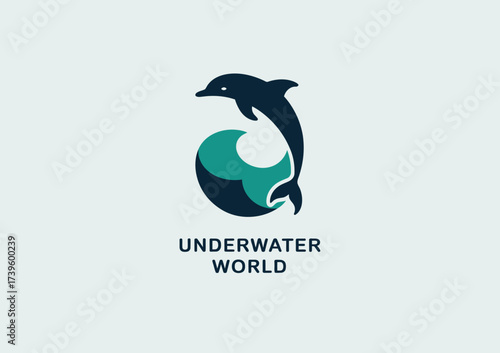 This image illustrates an elegant logo featuring a dolphin and waves for a brand named Underwater World, symbolizing oceanic exploration and marine life conservation.
