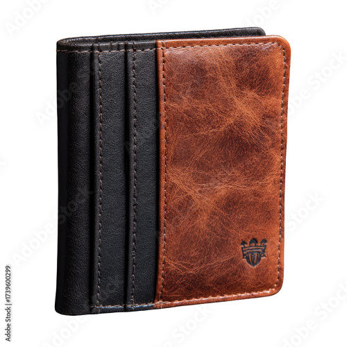 A bi-fold, two-tone leather wallet with card slots on the left, brown right panel, and dark accent