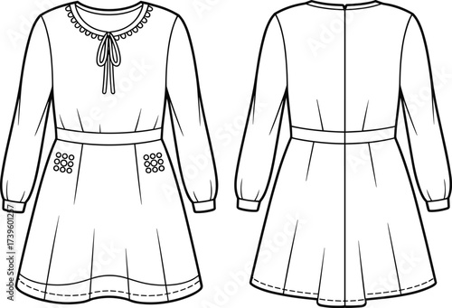Long sleeve dress flat sketch, front and back view, bow tie neck, scalloped trim, appliqué pockets, fashion CAD, vector illustration, garment design