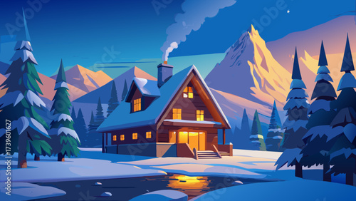 A picturesque winter cabin scene at twilight, surrounded by snow-covered trees and mountains.