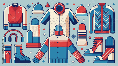 A colorful collection of winter apparel and accessories, featuring cozy sweaters, hats, and boots in vibrant red, white, and blue hues.