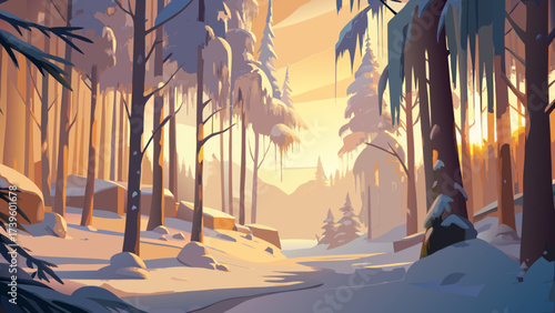 Serene winter landscape at sunset, featuring tall coniferous trees covered in snow and a tranquil river reflecting warm light.