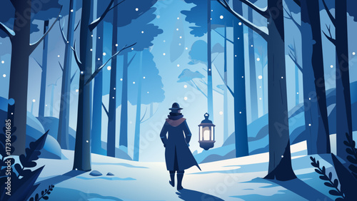 A lone figure walks through a serene winter forest, illuminated by a lantern, surrounded by falling snowflakes.