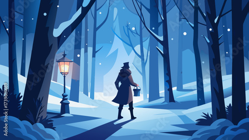 A lone figure in a long coat stands in a snowy forest, holding a lantern as softly falling snow creates a serene winter atmosphere.