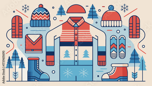 A vibrant winter attire design featuring cozy sweaters, hats, and boots in a colorful arrangement.