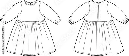 Long sleeve girls dress flat sketch, front and back view, gathered waist, round neckline, fashion CAD, vector illustration, garment design, technical drawing