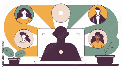 A digital workspace featuring a person engaged in online collaboration with diverse team members in circular frames.